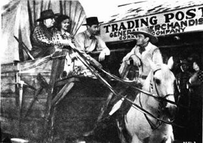 Maude Eburne, Christine, Robert Lowery, and Buck Jones in publicity still for 1942's DAWN ON THE GREAT DIVIDE