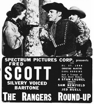 Christine, Fred Scott, and Carl Mathews in a title card for 1938's RANGERS ROUND-UP