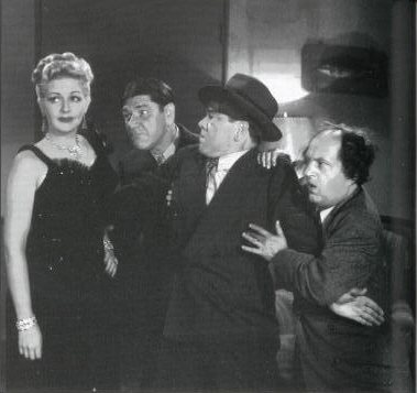 Christine, Shemp and Moe Howard, and Larry Fine in publicity still for 1948's CRIME ON THEIR HANDS